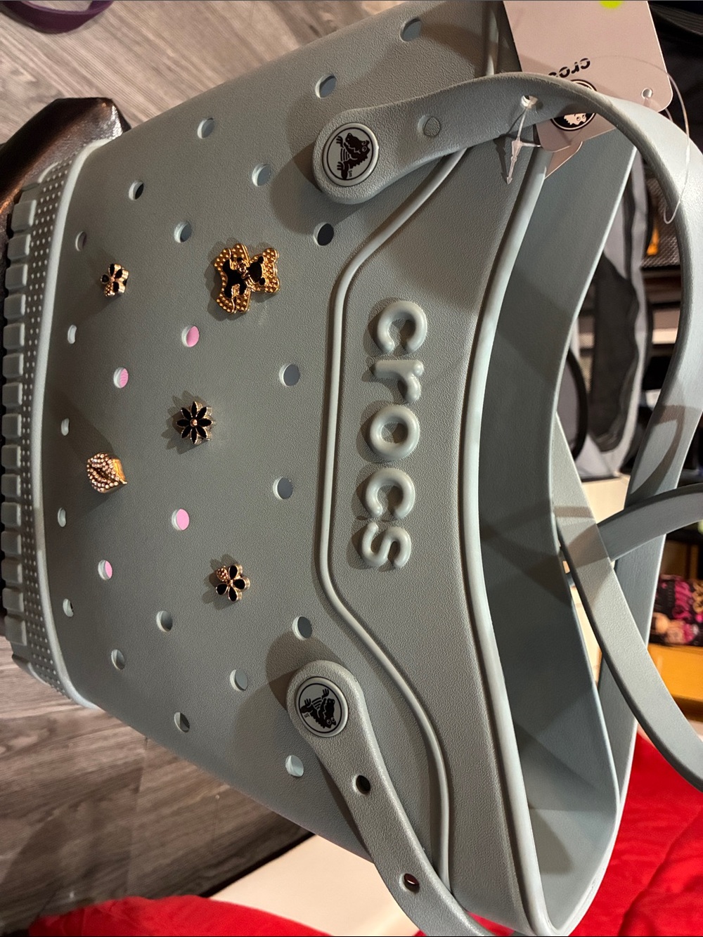 CROCS Light Gray Classic Tote with Gold Jibbitz
